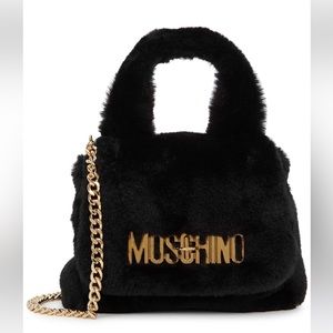 Moschino - Black Faux Fur Mini Top Handle Crossbody Chain Bag Gold Logo